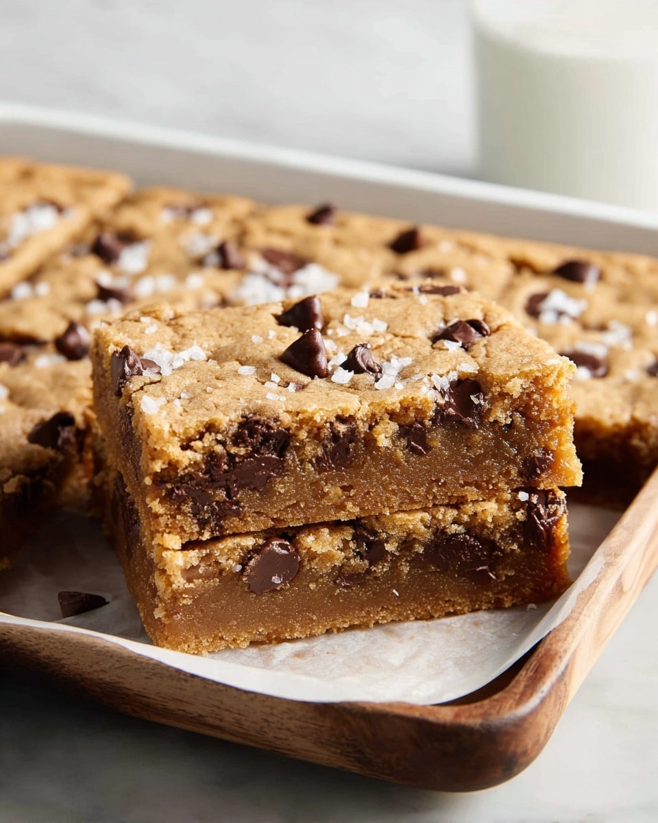 Large white rectangular baking pan filled with a thick, golden brown chocolate chip cookie bar, studded generously with semi-sweet chocolate chips and sprinkled lightly with flaky sea salt on top, fresh from the oven with a chewy and slightly crisp texture, whole uncut dessert presented on white marble countertop, natural lighting, professional 3/4 angle food magazine hero shot, photo taken with an iphone --ar 4:5 --v 7