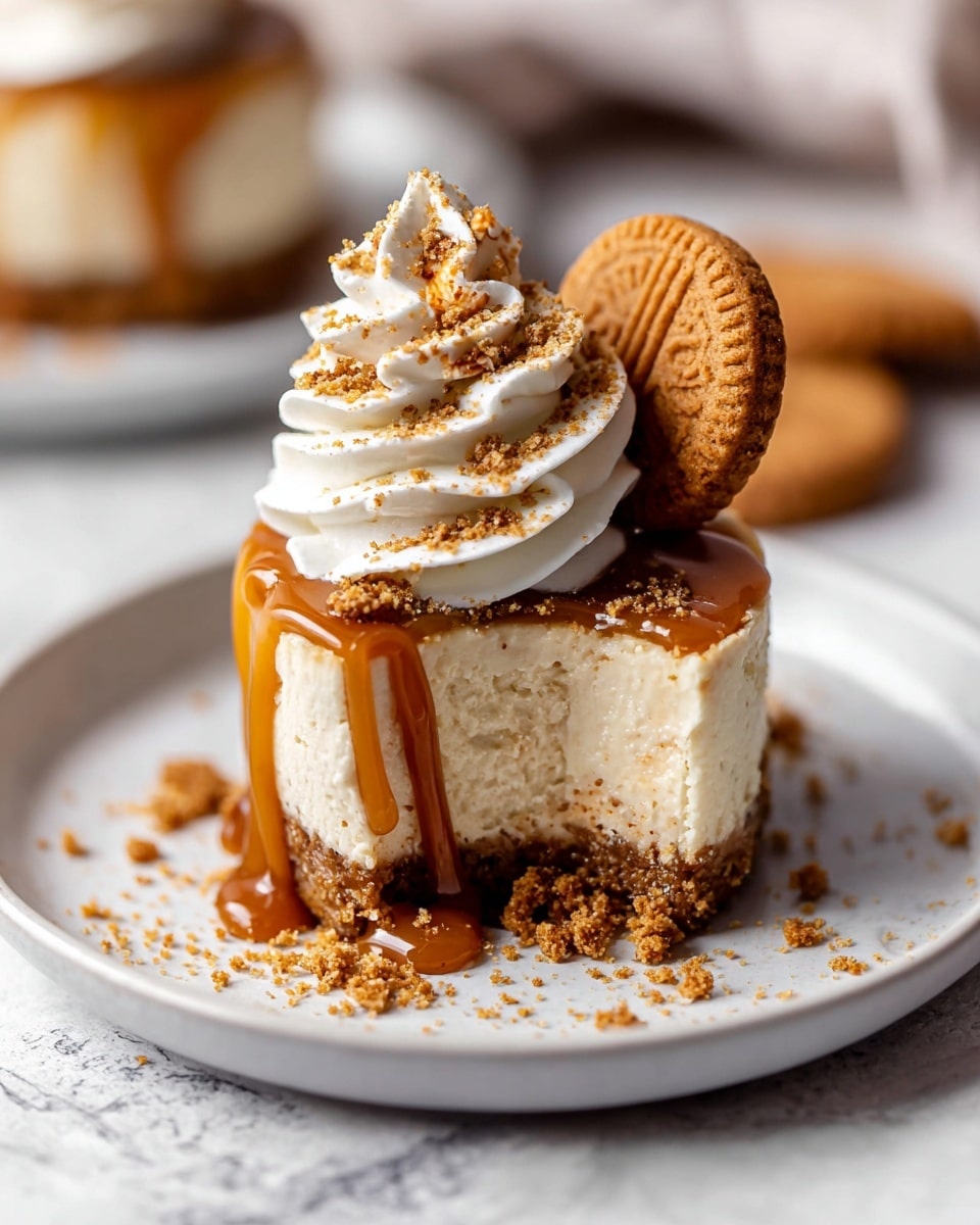 Whole round Biscoff cheesecake with smooth caramel-like Biscoff topping evenly spread over the entire cake, topped with a generous layer of whipped cream piped in decorative swirls around the cake, garnished with whole Biscoff cookies and crunchy cookie crumbs, presented on a large white plate on a white marble surface, natural lighting highlighting the creamy texture and rich caramel hues, professional 3/4 angle food magazine hero shot photo taken with an iphone --ar 4:5 --v 7