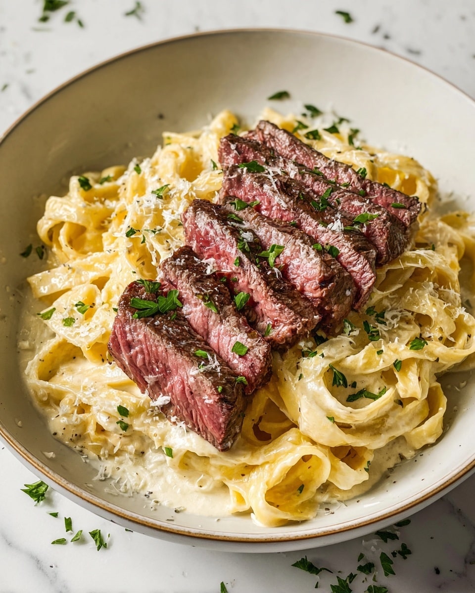 Large white serving bowl filled with creamy fettuccine Alfredo pasta, topped with multiple sliced medium-rare steak pieces arranged neatly, garnished with freshly chopped parsley and grated Parmesan cheese, whole dish presented in a generous portion, photographed from a 3/4 angle on a white marble countertop with natural lighting, professional food magazine style photo taken with an iphone --ar 4:5 --v 7