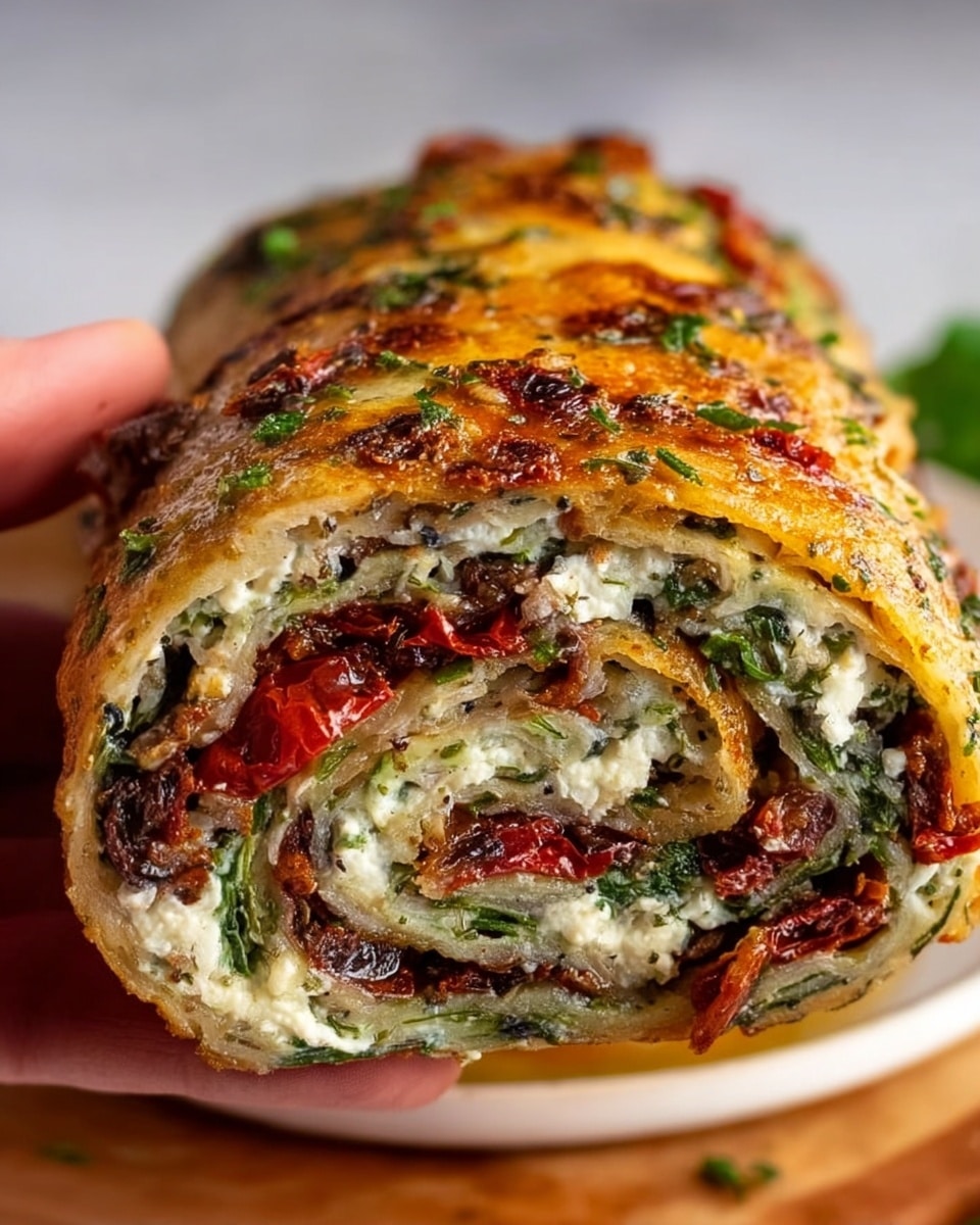 Whole golden-brown savory roulade resting on a white plate, filled with layers of vibrant green leafy vegetables, sun-dried tomatoes, crumbled white cheese, and tender caramelized onions, the crust textured with fresh herbs and baked to perfection, presented as an entire uncut dish, captured from a professional 3/4 angle on a white marble background with natural lighting, styled like a hero shot from a food magazine, photo taken with an iphone --ar 4:5 --v 7