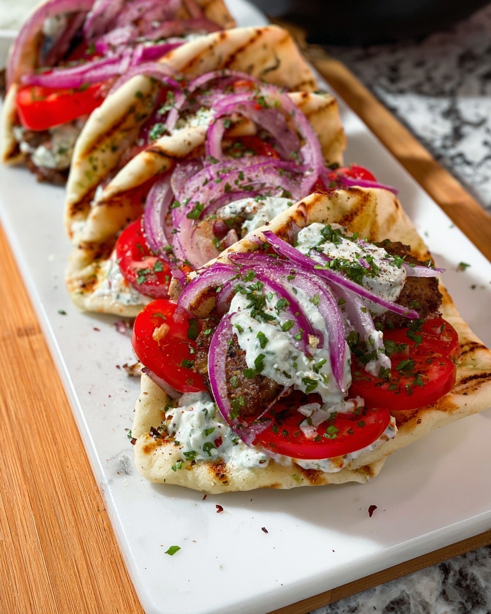 Large white rectangular platter featuring multiple fully assembled gyro wraps, each made with warm pita bread layered with creamy tzatziki sauce, perfectly seasoned grilled meat, fresh vibrant tomato slices, and tangy red onion slices mixed with freshly chopped herbs, arranged in a neat row on a white marble countertop, natural lighting highlighting the colors and textures, professional 3/4 angle food magazine hero shot, photo taken with an iphone --ar 4:5 --v 7