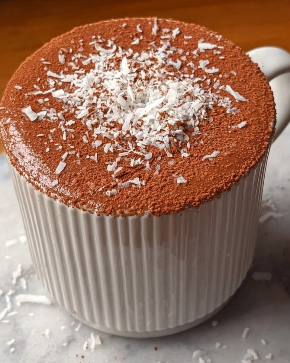 Large white ceramic mug filled to the brim with rich, creamy chocolate mousse, topped with an even layer of cocoa powder and a generous sprinkle of shredded white coconut, the mousse smooth and velvety without any disturbance or portion missing, presented on a white marble countertop with natural lighting, styled as a professional food magazine hero shot, photo taken with an iphone --ar 4:5 --v 7