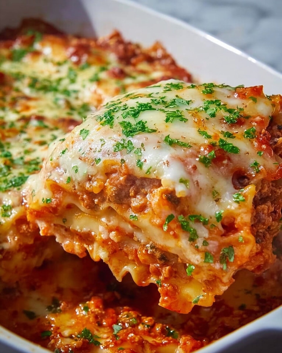 A large white ceramic baking dish filled with a whole, freshly baked lasagna layered thickly with rich tomato meat sauce, tender pasta sheets, melted mozzarella and ricotta cheeses bubbling golden on top, and garnished with chopped fresh parsley, shot from a 3/4 angle to show the entire uncut pan, set on a white marble countertop with natural lighting, styled as a professional food magazine hero shot, photo taken with an iphone --ar 4:5 --v 7