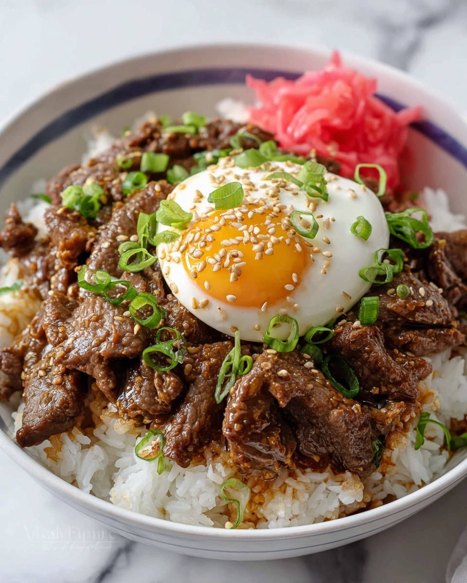 Large white bowl filled with a generous serving of beef teriyaki over fluffy steamed white rice, tender thin slices of marinated beef glistening with sauce, topped with a soft poached egg with a perfectly runny yolk, bright green chopped scallions scattered over the top, a small pile of vibrant pink pickled ginger for contrast, sesame seeds sprinkled lightly, whole dish presented in a pristine white bowl on a white marble countertop with natural lighting, professional 3/4 angle hero shot photo taken with an iphone --ar 4:5 --v 7