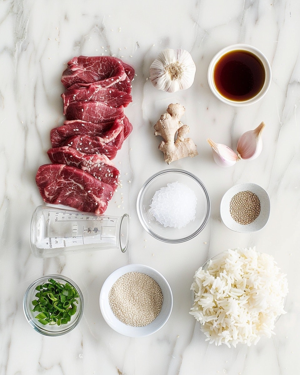 Single white bowl holding one serving of savory beef and onion stir-fry atop fluffy steamed white rice, topped with a silky soft poached egg with a slight yolk break revealing its creamy texture, garnished with finely chopped green onions, a small mound of bright pink pickled ginger, and sprinkled sesame seeds, close-up angle emphasizing the tender beef strands and glistening sauce, presented on white marble surface with natural lighting, intimate plated serving photo taken with an iphone --ar 4:5 --v 7