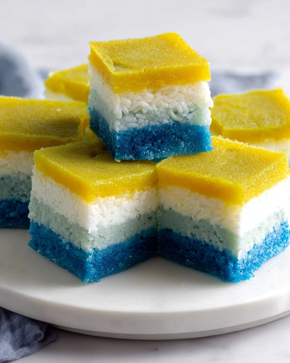 A large white serving platter featuring the whole layer cake of colorful dessert squares with three distinct layers: a vibrant yellow top layer, a creamy white middle layer, and a rich blue bottom layer made of sticky rice, each layer perfectly even and smooth, stacked together neatly to showcase the entirety of the dish, set against a white marble countertop in natural light, professional food styling shot taken with an iphone --ar 4:5 --v 7