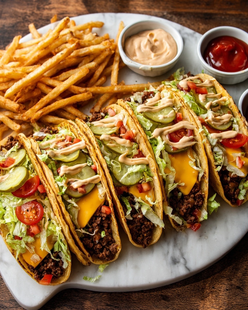 A long white rectangular platter filled with an entire batch of freshly made soft taco shells fully loaded with seasoned ground beef, melted cheddar cheese, shredded lettuce, sliced pickles, diced ripe tomatoes, and a drizzle of creamy spicy sauce, arranged neatly side by side, accompanied by a generous portion of golden crispy French fries, with small white bowls of ketchup and a spicy mayo dipping sauce on a rustic wooden table, photographed from a professional 3/4 angle on a white marble background with natural lighting, styled like a hero shot from a food magazine, photo taken with an iphone --ar 4:5 --v 7