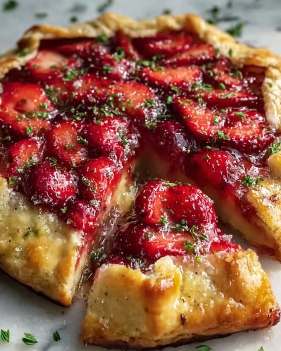 A whole rustic strawberry galette with a golden, flaky crust folded over the edges, filled generously with sliced fresh strawberries glazed with a shiny, translucent strawberry jam, sprinkled with finely chopped fresh herbs for contrast, displayed on a white marble surface with natural lighting highlighting the textures and colors, shot from a 3/4 angle to capture the entire uncut galette in an inviting, professional food magazine style. Photo taken with an iphone --ar 4:5 --v 7