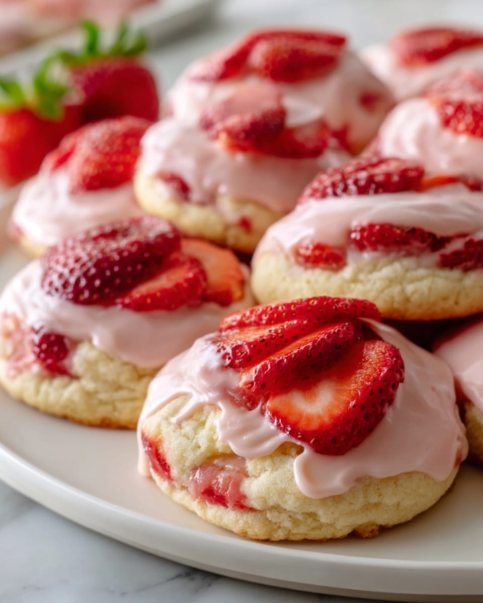 A large white platter showcasing a full batch of freshly baked strawberry shortcake cookies, each cookie generously topped with a smooth layer of creamy strawberry glaze and adorned with halved fresh strawberries, the cookies arranged neatly in rows to display their golden-baked texture and vibrant red fruit, photographed from a slight 3/4 angle on a pristine white marble countertop with natural lighting to emphasize the dessert’s inviting colors and textures, professional food styling photo taken with an iphone --ar 4:5 --v 7