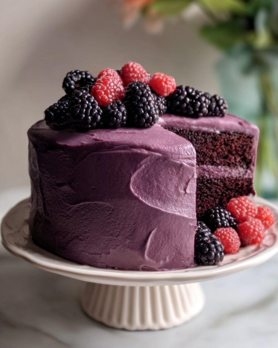 Whole chocolate layer cake with smooth, rich purple-hued frosting covering the entire cake, topped with a neat arrangement of fresh blackberries and raspberries, sitting on a white cake stand, photographed from a professional 3/4 angle on a white marble background with natural lighting, hero shot style, photo taken with an iphone --ar 4:5 --v 7