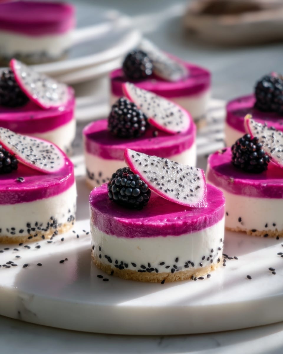 A pristine white round serving platter showcasing a full batch of vibrant mini dragon fruit mousse cheesecakes, each topped with two thin slices of fresh dragon fruit and a glossy ripe blackberry, arranged neatly in concentric circles with scattered black sesame seeds adding texture and contrast; the mousse layers gleam with a smooth, creamy white base separated from the bright magenta upper layer, all set against a white marble countertop with soft natural lighting casting gentle shadows, styled as a food magazine hero shot; photo taken with an iphone --ar 4:5 --v 7