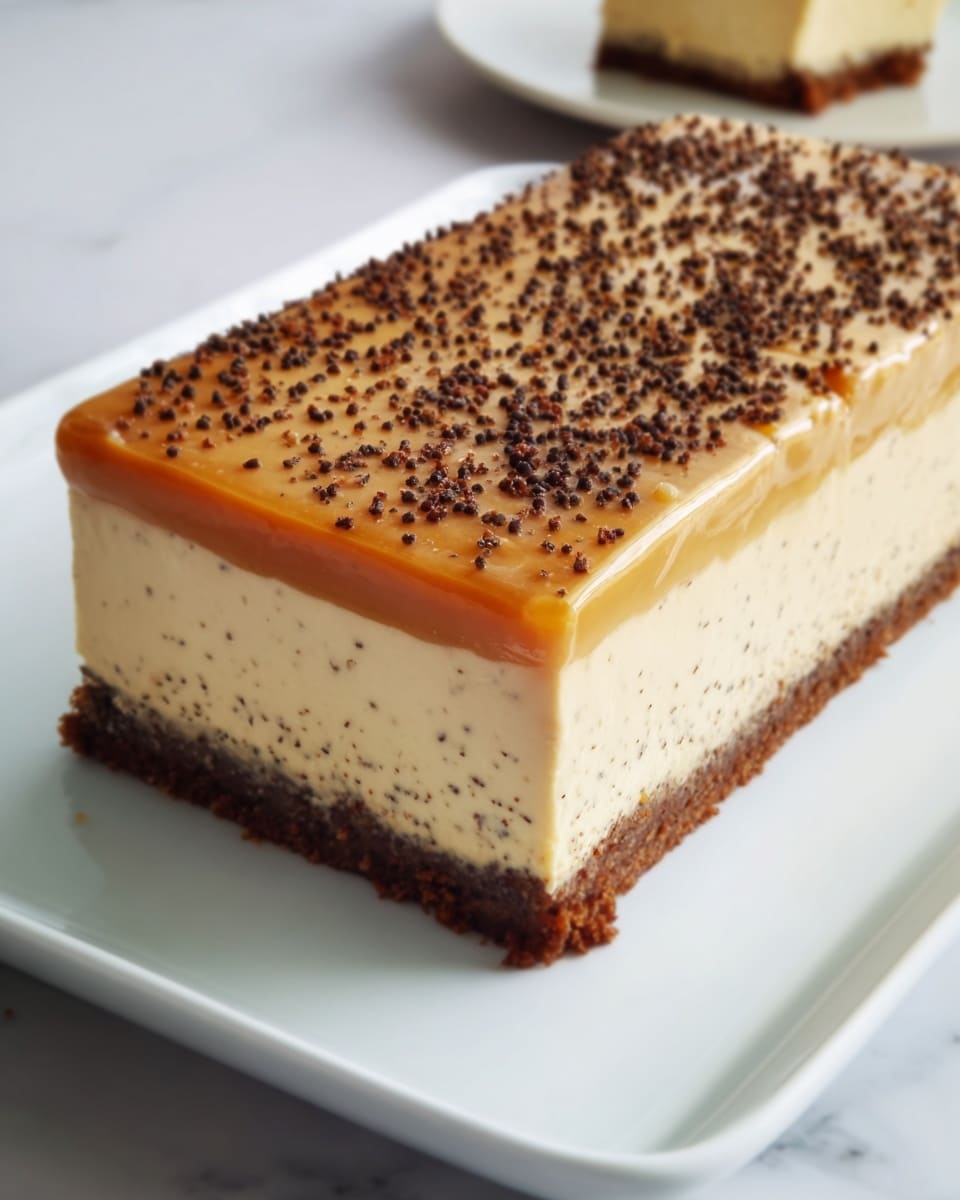 A whole rectangular cheesecake presented on a large white serving plate, featuring a smooth and creamy textured top layer with a glossy caramel glaze spread evenly over the surface, sprinkled generously with finely crushed chocolate or coffee bean crumbs, sitting on a dense and crumbly chocolate crust base, photographed from a 3/4 angle to show the entire pristine cake, styled on a white marble background with natural lighting, capturing the full dessert in a professional food magazine hero shot style, photo taken with an iphone --ar 4:5 --v 7