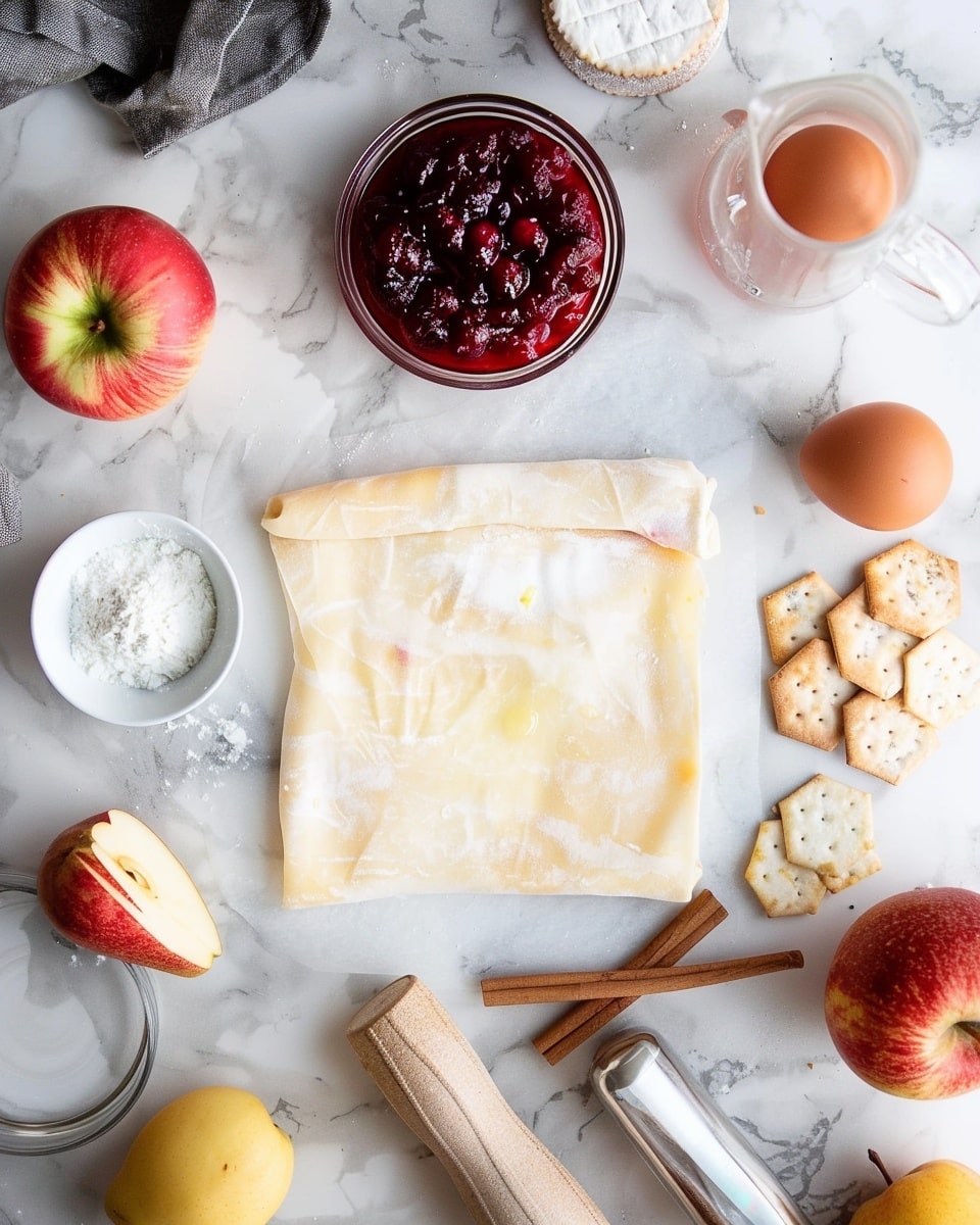 A single white plate featuring one generous portion of baked brie wrapped in golden, flaky puff pastry, partially opened to reveal the melted creamy cheese inside topped with vibrant, chunky cranberry sauce, accompanied by neatly arranged herb crackers and fresh green apple slices, close-up shot emphasizing the texture of the pastry layers and the rich, glossy interior cheese, set on a white marble background with soft natural lighting, styled like a cozy food blog presentation, photo taken with an iphone --ar 4:5 --v 7