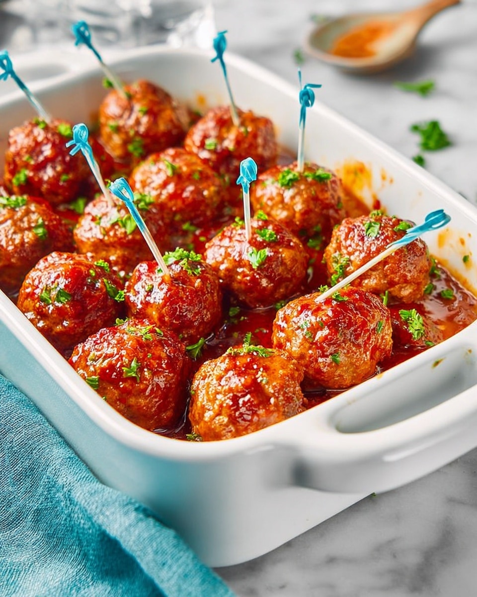 Large white ceramic baking dish filled with a full batch of glossy, saucy meatballs garnished with finely chopped fresh parsley, each meatball skewered with a decorative blue-topped toothpick, whole dish photographed from a 3/4 angle on a white marble countertop with natural lighting, styled as a hero food magazine shot, photo taken with an iphone --ar 4:5 --v 7