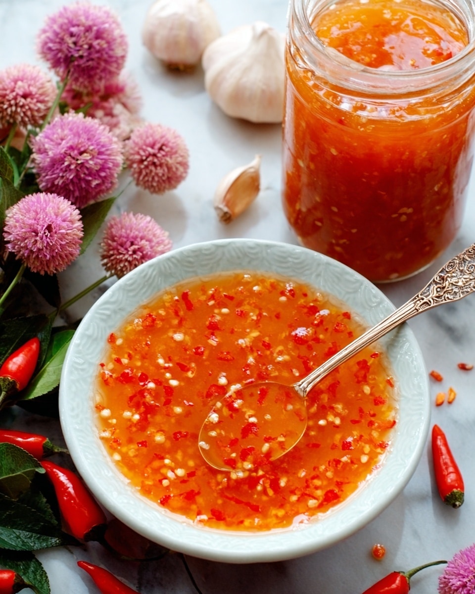 A large white ceramic bowl completely filled with bright orange sweet chili sauce dotted with visible red chili flakes and small garlic bits, showcasing the sauce's glossy and slightly thick texture, placed on a white marble countertop accompanied by a full jar of the same chili sauce to the side, with scattered fresh red chili peppers, whole garlic bulbs, and pink globe amaranth flowers artfully arranged around it, all captured in natural light from a 3/4 angle as a polished food magazine hero shot, photo taken with an iphone --ar 4:5 --v 7