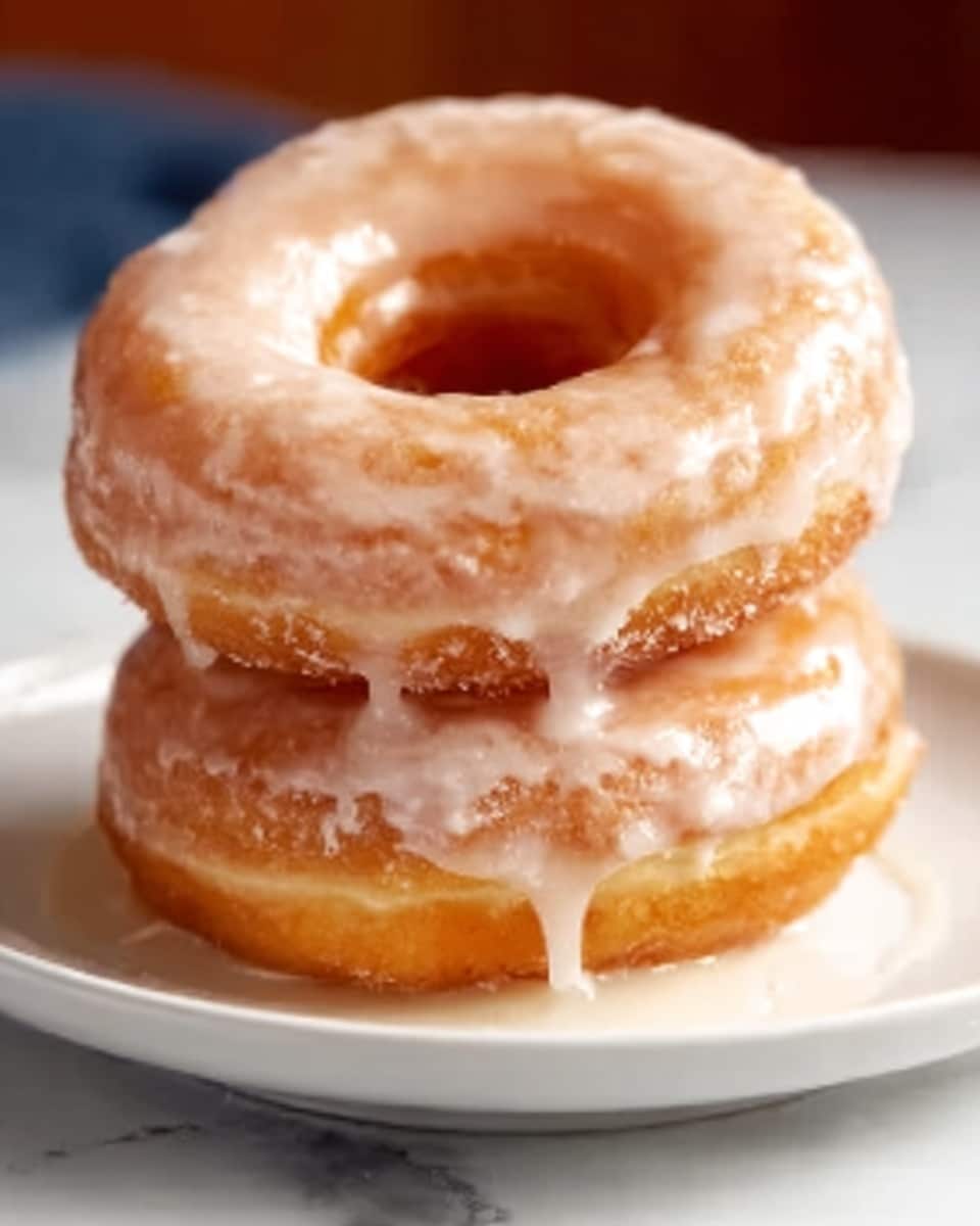 Two whole classic glazed donuts stacked slightly off-center on a clean white plate, each donut perfectly ring-shaped with smooth, shiny sugar glaze dripping gently down the sides, the entire presentation centered on a white marble countertop with natural lighting highlighting the donuts’ golden texture, a professional overhead culinary hero shot capturing the full, uncut baked items, photo taken with an iphone --ar 4:5 --v 7