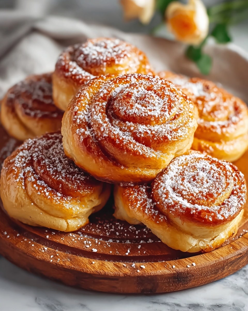 Rustic wooden board piled high with golden sweet cinnamon rolls, each perfectly swirled and lightly dusted with powdered sugar, showcasing a shiny, caramelized top and fluffy texture, whole arrangement captured from a 3/4 angle on a white marble surface with natural light highlighting the warm tones, styled as a hero shot from a food magazine, photo taken with an iphone --ar 4:5 --v 7