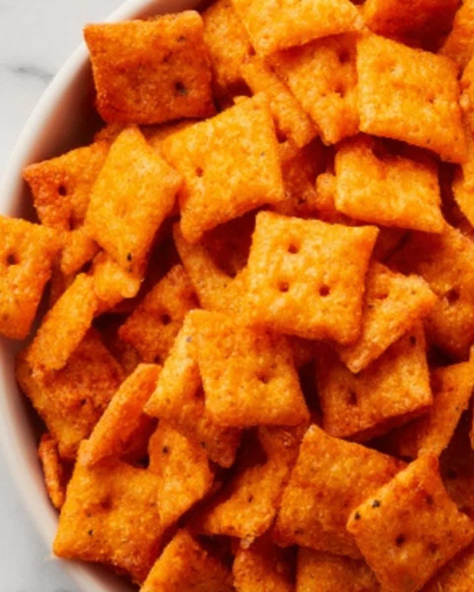 Full white bowl brimming with crispy, golden-orange cheese crackers, each piece perfectly square and evenly coated with a vibrant cheesy seasoning, piled high to showcase the crunchy texture and bright color, captured in a professional 3/4 angle shot on a white marble background with natural lighting, like a hero shot from a food magazine, photo taken with an iphone --ar 4:5 --v 7