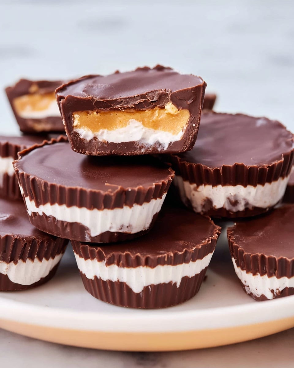 Stack of multiple whole chocolate peanut butter cups with smooth, glossy chocolate tops and distinct layers of creamy peanut butter and white filling inside, arranged neatly on a white plate, professional 3/4 angle shot capturing the entire unbroken treats on a white marble background with natural lighting, styled as a hero food magazine photo taken with an iphone --ar 4:5 --v 7
