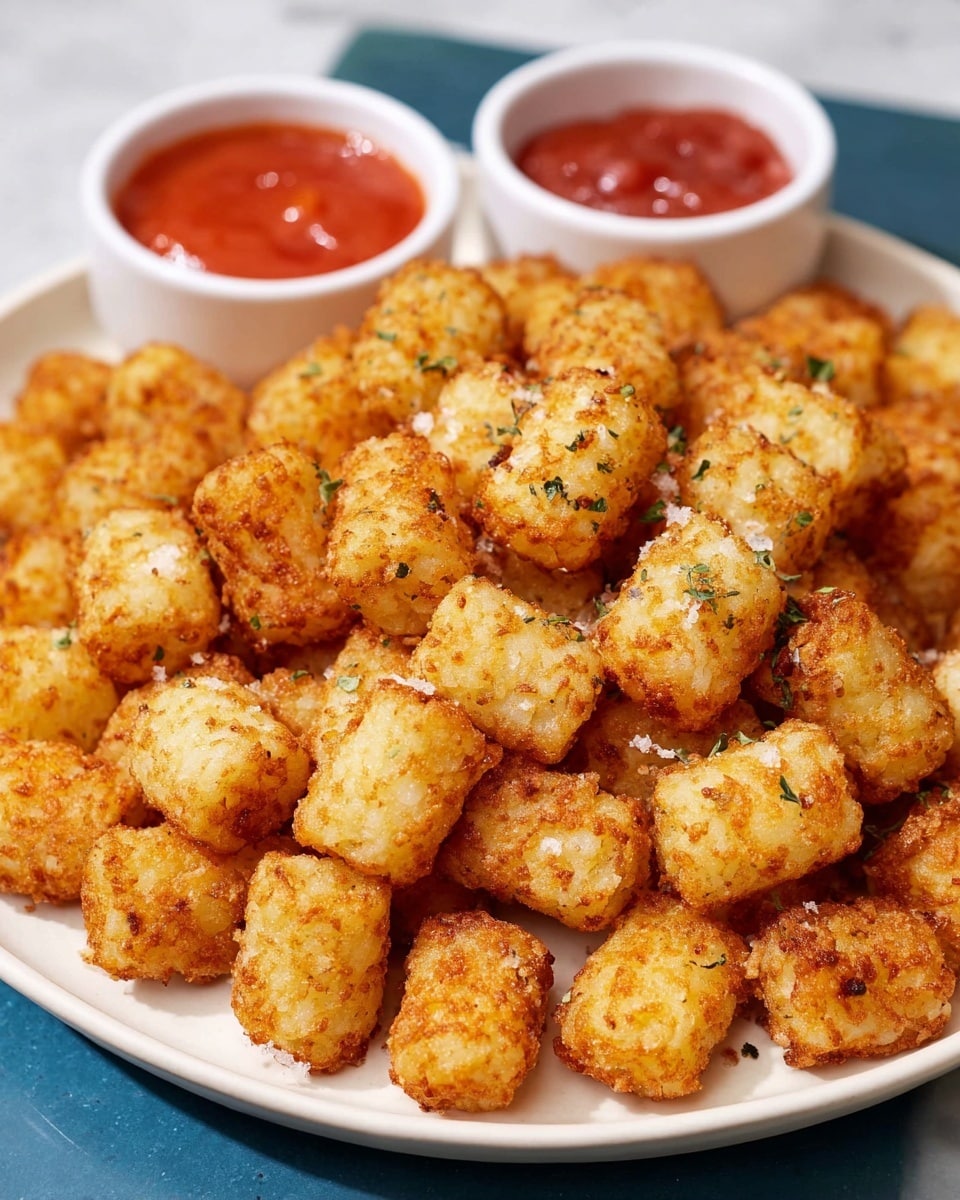 Large white serving bowl heaped with crispy golden-brown tater tots, each piece evenly fried to a crunchy texture with a light sprinkling of herbs, accompanied by two small white ramekins filled with vibrant red dipping sauces, all presented on a white marble countertop with natural lighting, professional food styling photo taken with an iphone --ar 4:5 --v 7