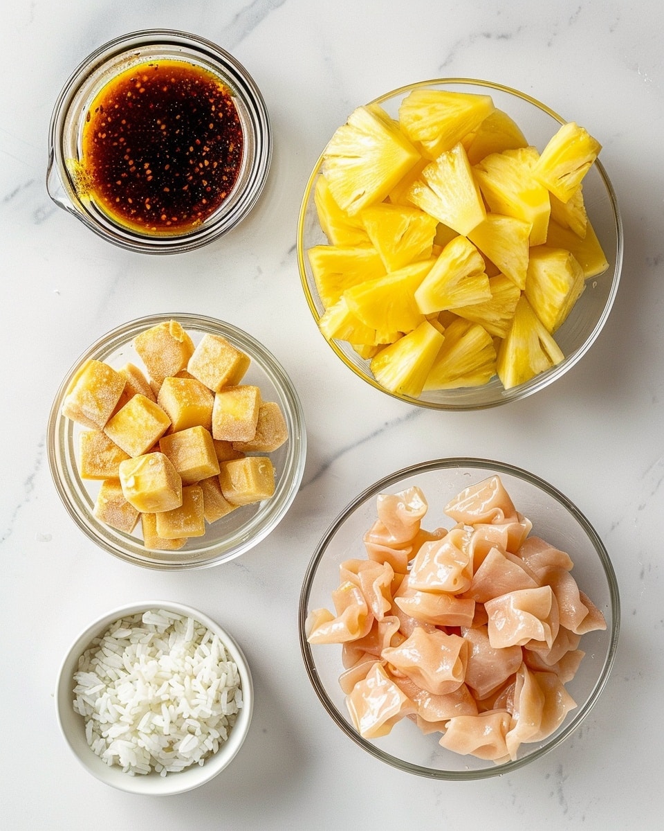 Single white plate with one crisp wonton cup filled with steaming white rice, tender chunks of glazed teriyaki chicken, and three bright yellow pineapple pieces on top, close-up angled view revealing the contrast of the soft rice and glossy chicken inside the crispy shell, natural lighting highlighting the textures and colors, placed on a white marble surface, intimate plated serving photo taken with an iphone --ar 4:5 --v 7