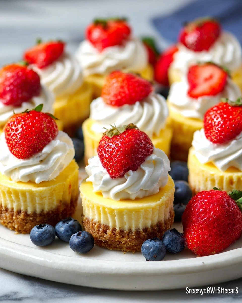 A large white ceramic platter filled with a dozen whole mini cheesecakes, each perfectly round with a golden graham cracker crust base, topped with a rich and creamy yellow cheesecake layer, crowned with a generous swirl of white whipped cream, and finished with a fresh red strawberry half on top, scattered fresh blueberries and halved strawberries around the platter for a colorful, fresh presentation, photographed from a close 3/4 angle on a clean white marble background with natural lighting, styled like a hero shot in a gourmet food magazine, photo taken with an iphone --ar 4:5 --v 7