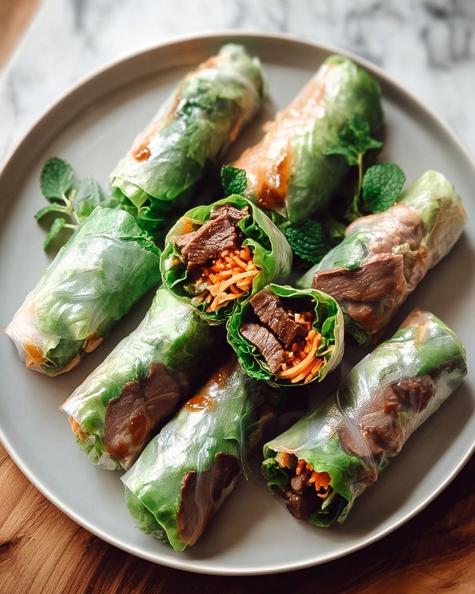 Large white plate elegantly arranged with a full serving of fresh Vietnamese spring rolls, each wrapped in translucent rice paper showcasing vibrant green lettuce, fresh herbs, shredded carrots, and tender cooked beef strips inside, glistening slightly with moisture, set on a white marble surface under natural light, professional overhead food magazine style shot photo taken with an iphone --ar 4:5 --v 7