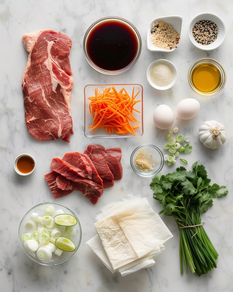 Single white plate with one fresh spring roll sliced in half, showing the translucent rice paper wrapping tender pieces of grilled beef, crisp lettuce, and vibrant shredded carrots inside, close-up angled shot emphasizing the juicy interior textures and fresh greens, natural lighting on white marble surface, styled food blog serving photo taken with an iphone --ar 4:5 --v 7