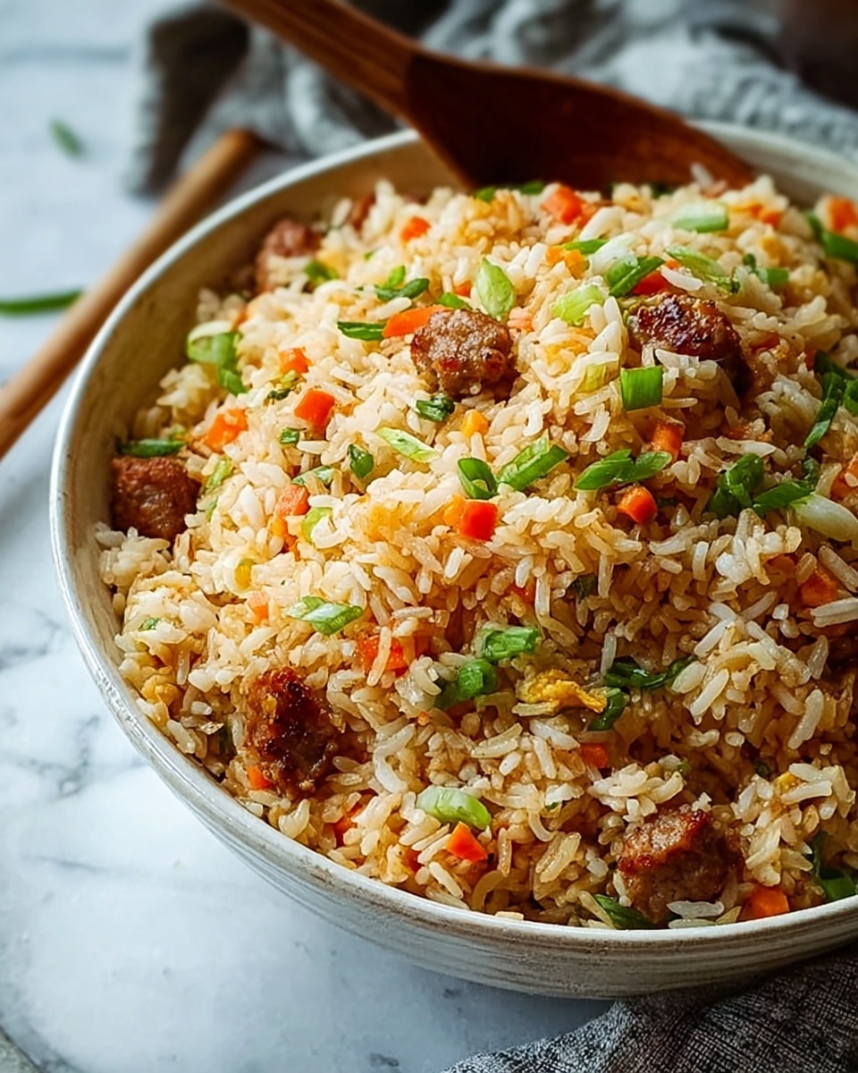 Large white serving bowl filled with fluffy fried rice mixed evenly with small diced carrots, green onions, and bite-sized pieces of browned sausage, arranged to showcase the vibrant colors and texture of the grains and toppings, placed on a white marble countertop, professional 3/4 angle food magazine hero shot with natural lighting, photo taken with an iphone --ar 4:5 --v 7