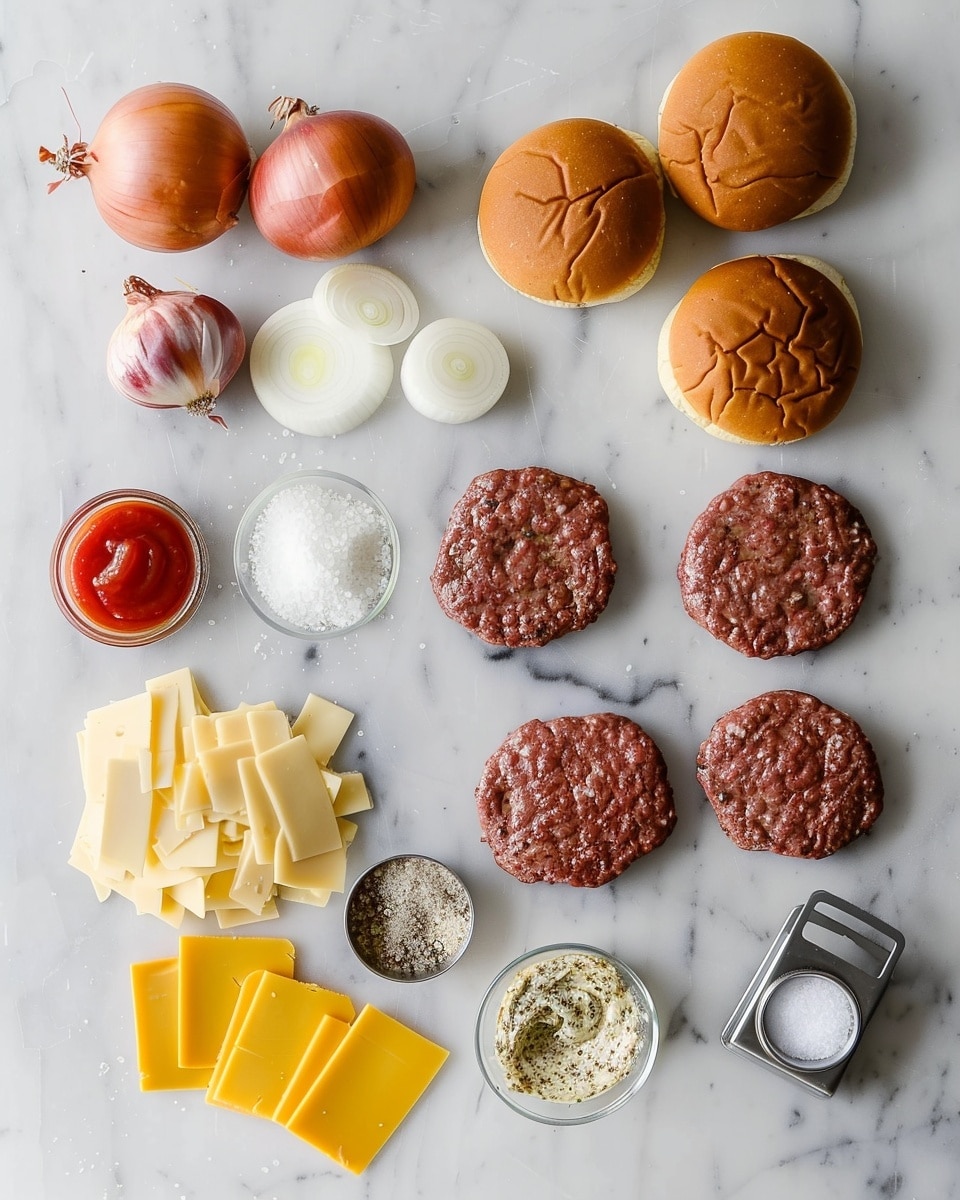 Single white plate holding one cheeseburger portion with a sesame seed bun slightly lifted to reveal the melted cheese oozing over a juicy beef patty, topped with glossy, caramelized onions spilling onto the plate, close-up angled shot exposing the layers of tender meat, cheese, and onions, steam gently rising, all placed on a white marble surface under natural lighting, styled for an intimate food blog presentation, photo taken with an iphone --ar 4:5 --v 7