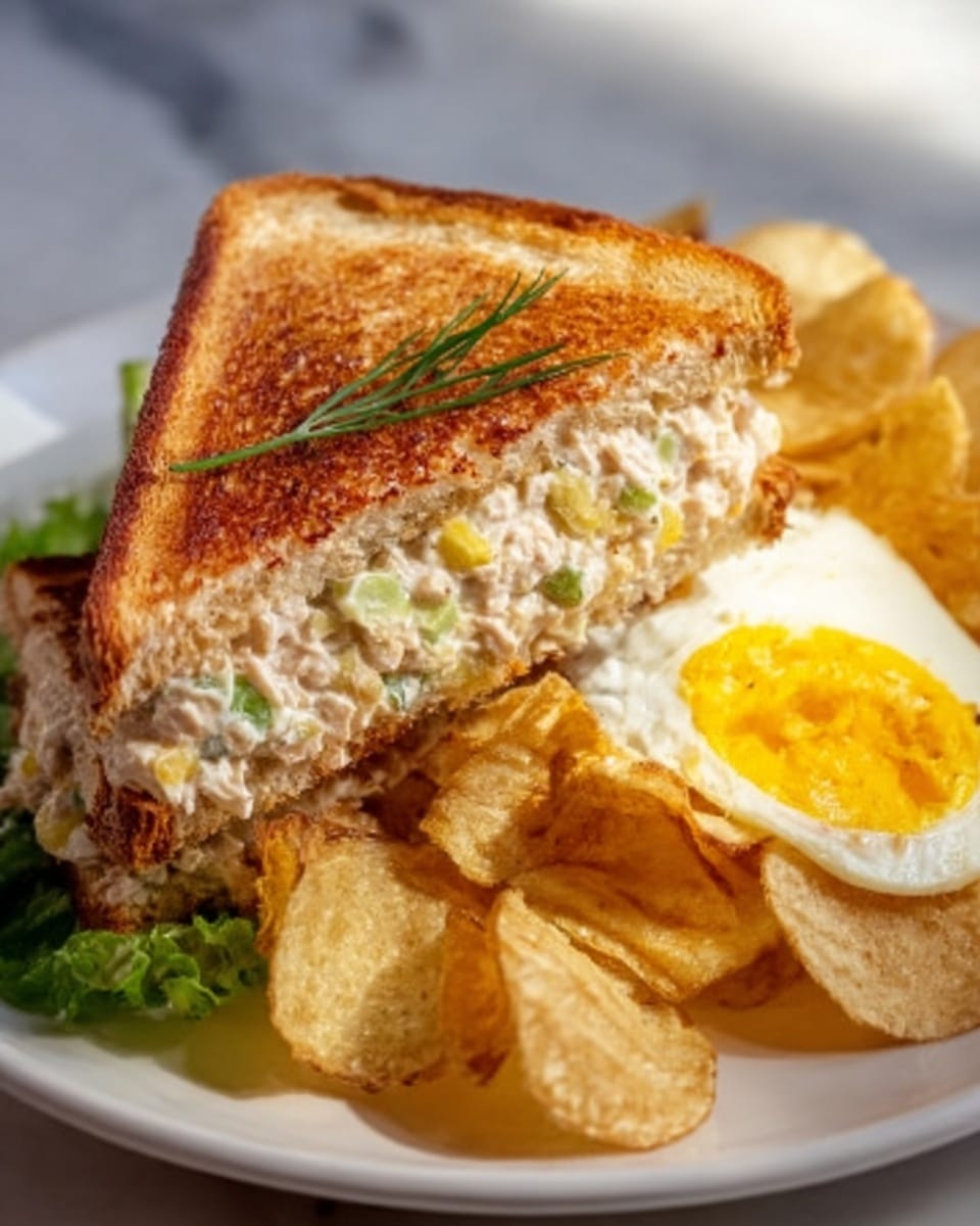 Whole white plate presenting a full, large toasted tuna salad sandwich, golden-brown and perfectly grilled, cut diagonally to show the creamy tuna salad with diced celery and onions inside, accompanied by a generous pile of crisp potato chips and a sunny-side-up egg with perfectly set yolk, all arranged on a clean white marble surface under natural lighting, professional food magazine style shot taken from a 3/4 angle, photo taken with an iphone --ar 4:5 --v 7