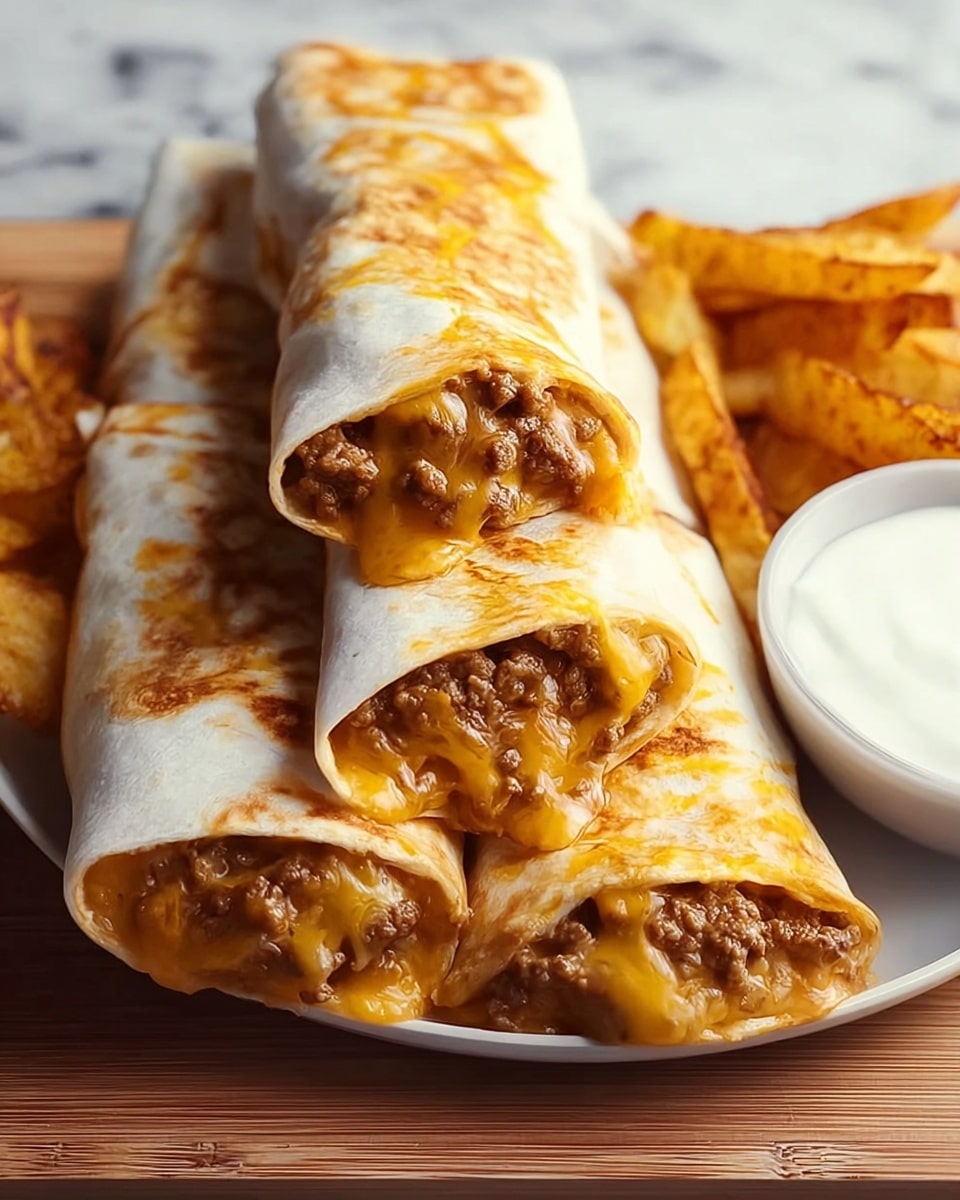 Large white plate filled with several fully wrapped burritos generously stuffed with seasoned ground beef and melted cheddar cheese, arranged neatly side by side, accompanied by a bowl of creamy white dipping sauce and golden seasoned potato wedges, all presented on a white marble countertop under natural lighting, professional food magazine hero shot photo taken with an iphone --ar 4:5 --v 7