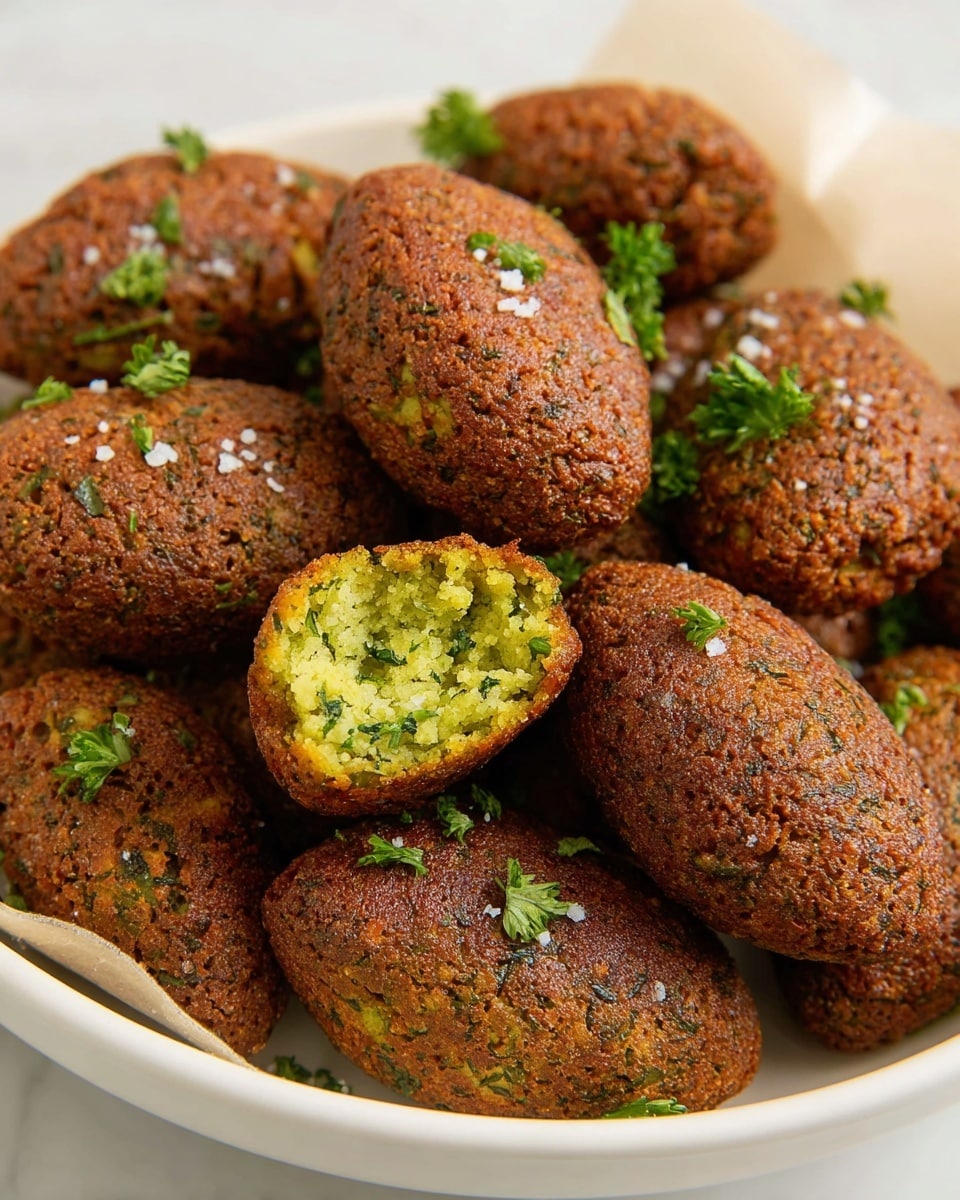 Large white serving bowl filled with a full batch of freshly fried falafel, uniformly shaped in oval patties with deep golden-brown crispy crusts, one falafel showing vibrant green, fluffy interior from ground chickpeas and herbs, sprinkled lightly with flaky sea salt and garnished with fresh parsley leaves, presented on a white marble countertop under natural lighting, professional food magazine style hero shot from a close 3/4 angle, photo taken with an iphone --ar 4:5 --v 7
