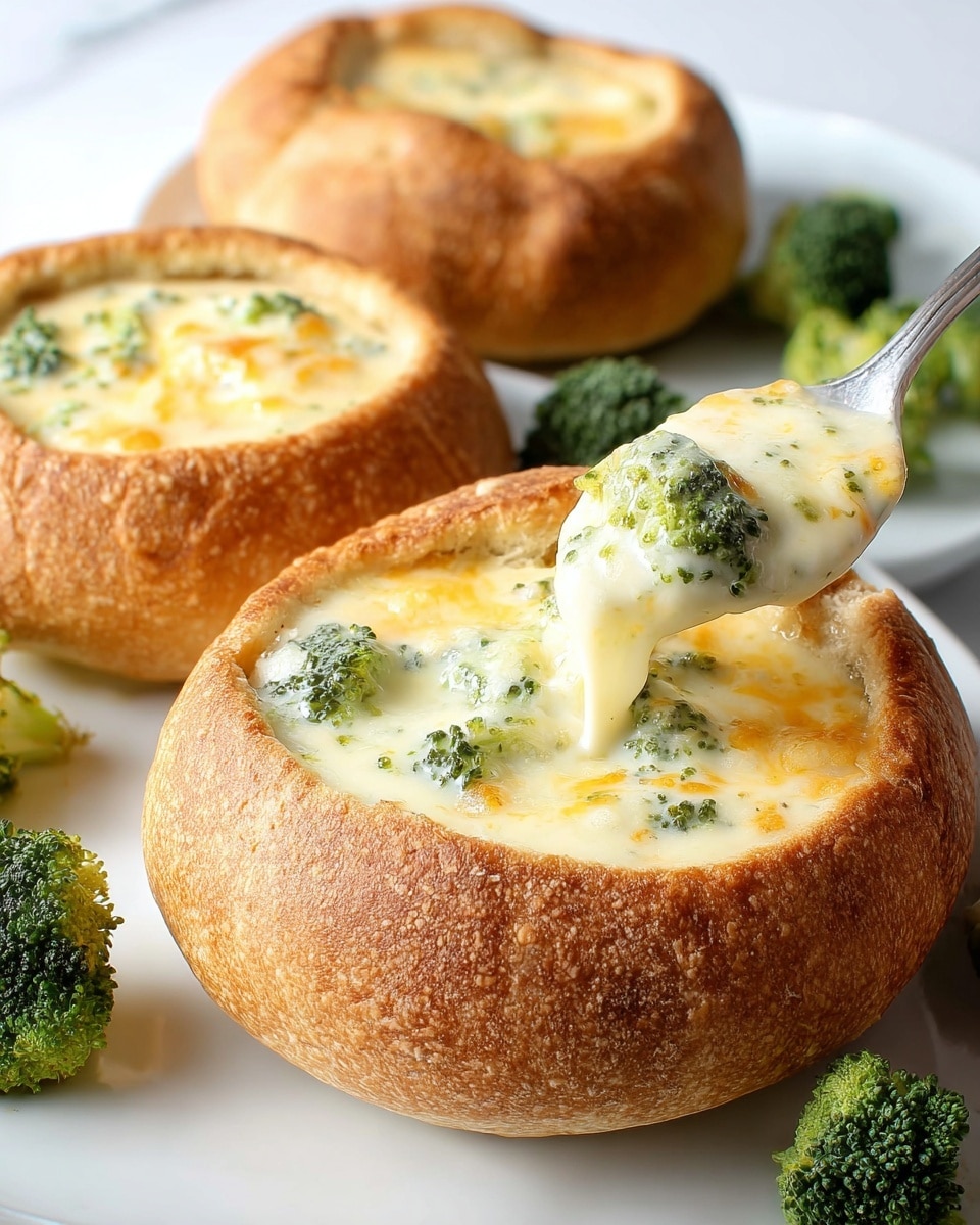 Three large white bread bowls filled with creamy broccoli cheese soup, showing rich melted cheese and tender broccoli florets inside the golden-brown crusty bread, arranged on a white marble countertop with fresh broccoli florets scattered around, captured in natural light with a professional 3/4 angle, whole dish in frame, photo taken with an iphone --ar 4:5 --v 7