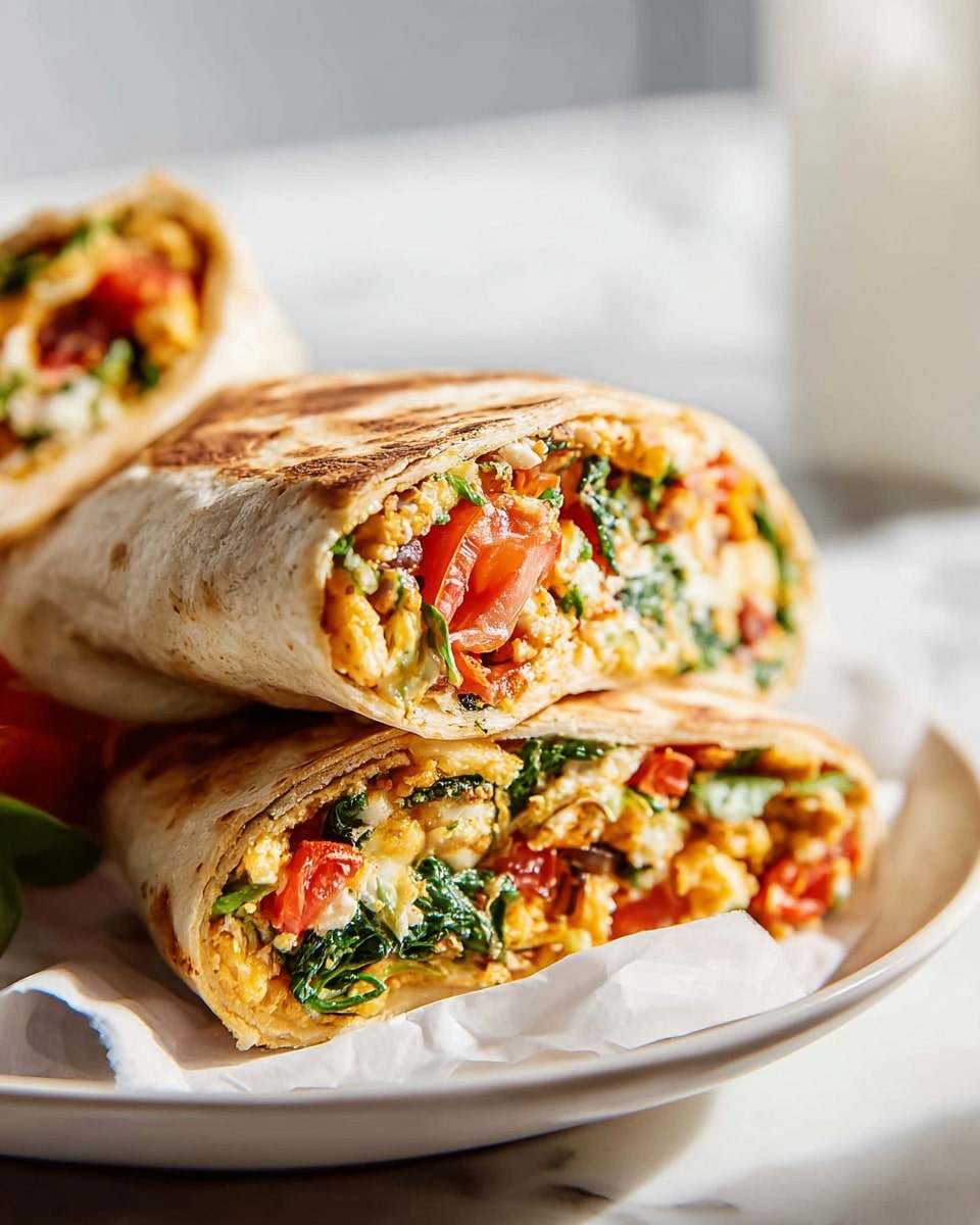 A large white plate featuring a whole stacked burrito wrap, its golden tortilla fully intact and filled generously with a vibrant mixture of sautéed spinach, diced tomatoes, melted cheese, and seasoned vegetables, showcasing rich textures and colors, arranged neatly with parchment paper underneath, photographed from a professional 3/4 angle on a white marble countertop, natural lighting highlighting the freshness and warmth of the ingredients, like a hero shot from a high-end food magazine, photo taken with an iphone --ar 4:5 --v 7