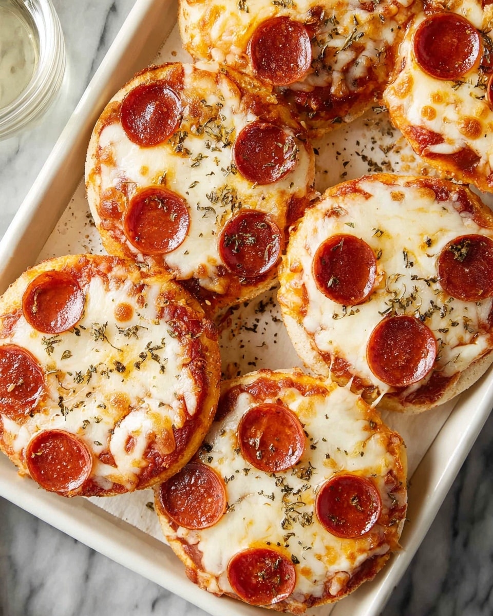 Large white baking tray filled with multiple mini pepperoni pizzas on thick round crusts, generously topped with melted golden mozzarella cheese and evenly spaced mini pepperoni slices, sprinkled with herbs, whole dish displayed on a white marble countertop, natural lighting, professional food magazine style hero shot taken with an iphone --ar 4:5 --v 7