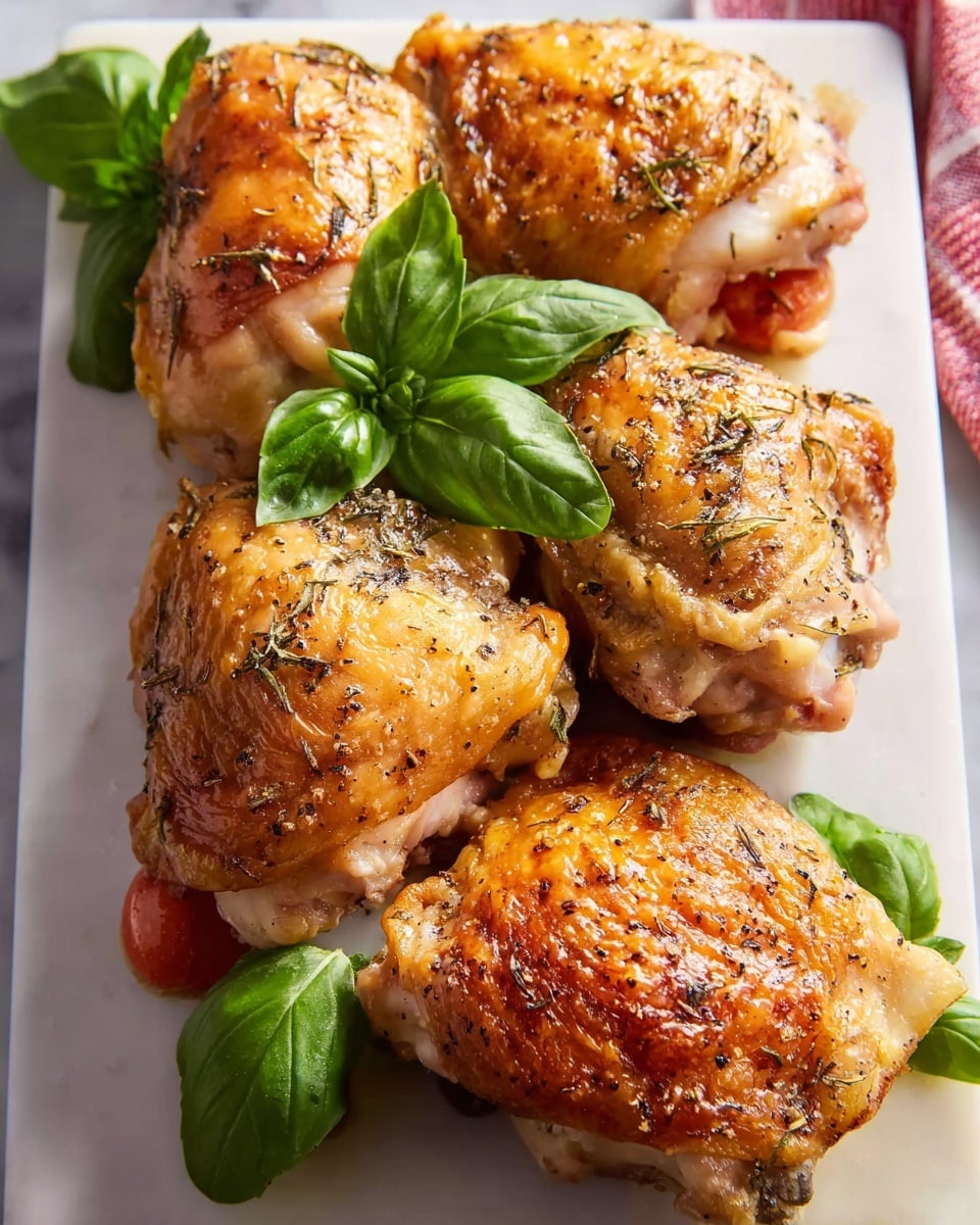 White rectangular serving platter filled with several golden roasted chicken thighs with crispy skin, seasoned with cracked black pepper and herbs, arranged neatly with fresh basil leaves for garnish, whole dish shown in a professional food magazine style photo taken from a 3/4 angle on a white marble countertop with natural lighting, photo taken with an iphone --ar 4:5 --v 7