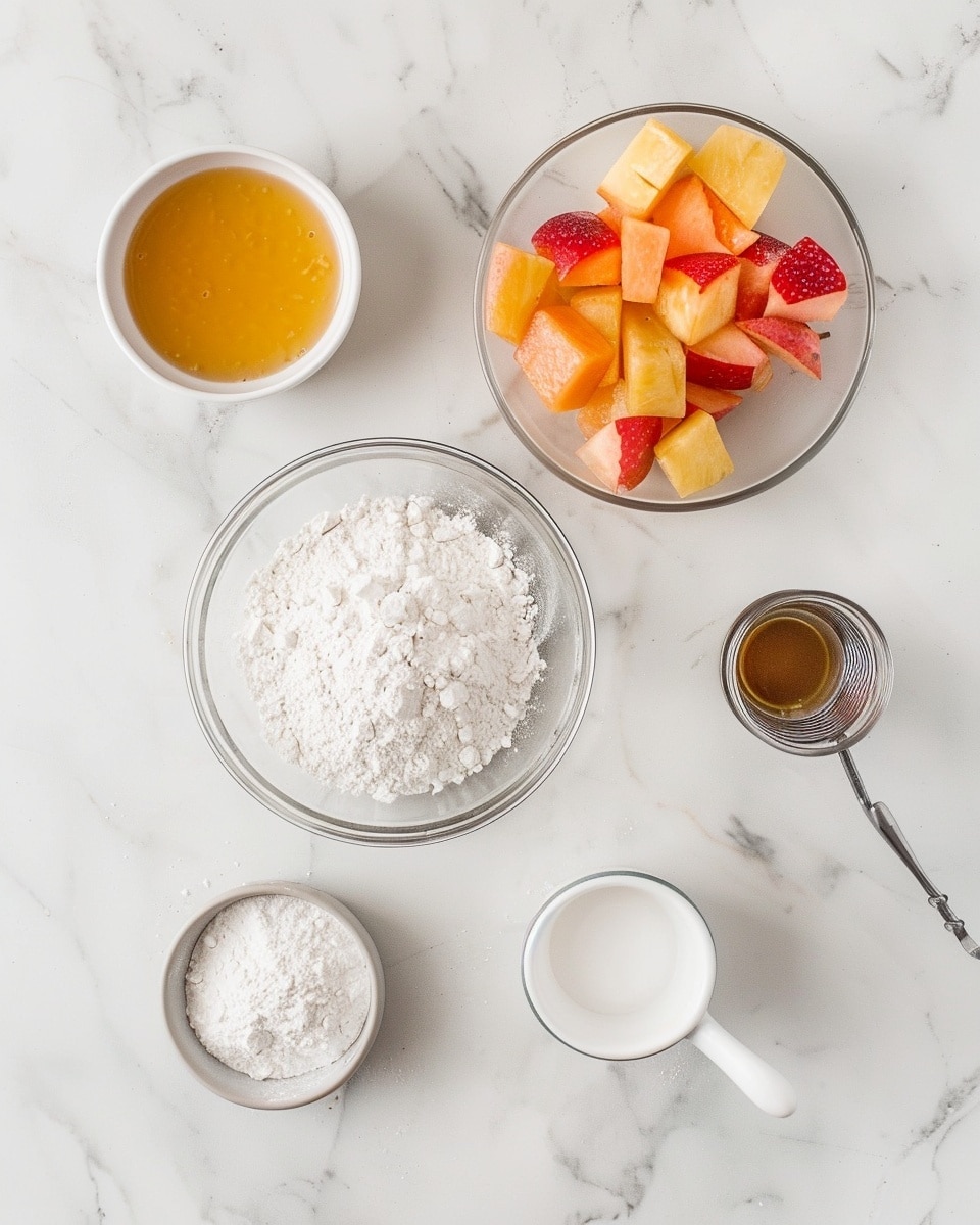Single white plate featuring one triangular slice of fruit-topped cake, showcasing a thick, fluffy interior with visible soft crumb texture, studded with pieces of bright yellow peaches and vibrant red cherries both on top and inside the slice, angled to reveal the moist layers and juicy fruit embedded within, natural daylight highlighting the cake’s tender crumb, set on a white marble surface, intimate plated serving photo taken with an iphone --ar 4:5 --v 7