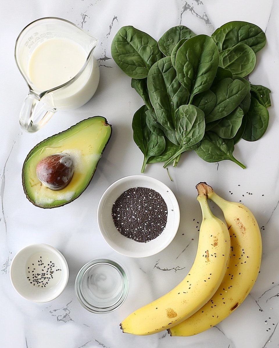 Single white bowl filled with a creamy green avocado smoothie, topped with a sprinkle of chia seeds and garnished with a fresh avocado slice resting on the rim, close-up angled shot emphasizing the smooth texture and vibrant green hues, placed on a white marble surface with natural lighting, styled as an individual serving from a food blog, photo taken with an iphone --ar 4:5 --v 7