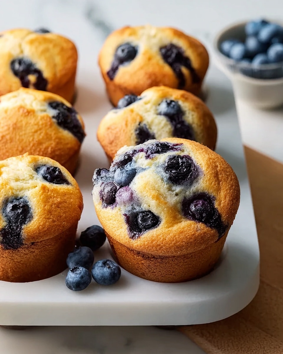 A large white muffin tray filled with freshly baked golden blueberry muffins, each muffin generously studded with plump blueberries bursting through the soft crumb, the tops rounded and slightly domed with a light crust, arranged neatly on a white marble countertop, natural lighting highlighting the moist texture and vibrant fruit, professional food magazine style photo taken with an iphone --ar 4:5 --v 7
