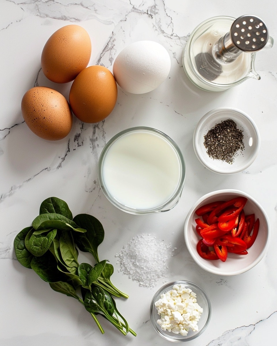 Single white plate with one triangular portion of a golden-brown omelette folded over fresh spinach, creamy white cheese, and bright red bell pepper chunks, the cross-section revealing distinct layers of fluffy egg and vibrant filling, topped with a small pile of finely chopped green onions, natural light highlighting the textures, placed on a white marble surface, intimate plated serving photo taken with an iphone --ar 4:5 --v 7