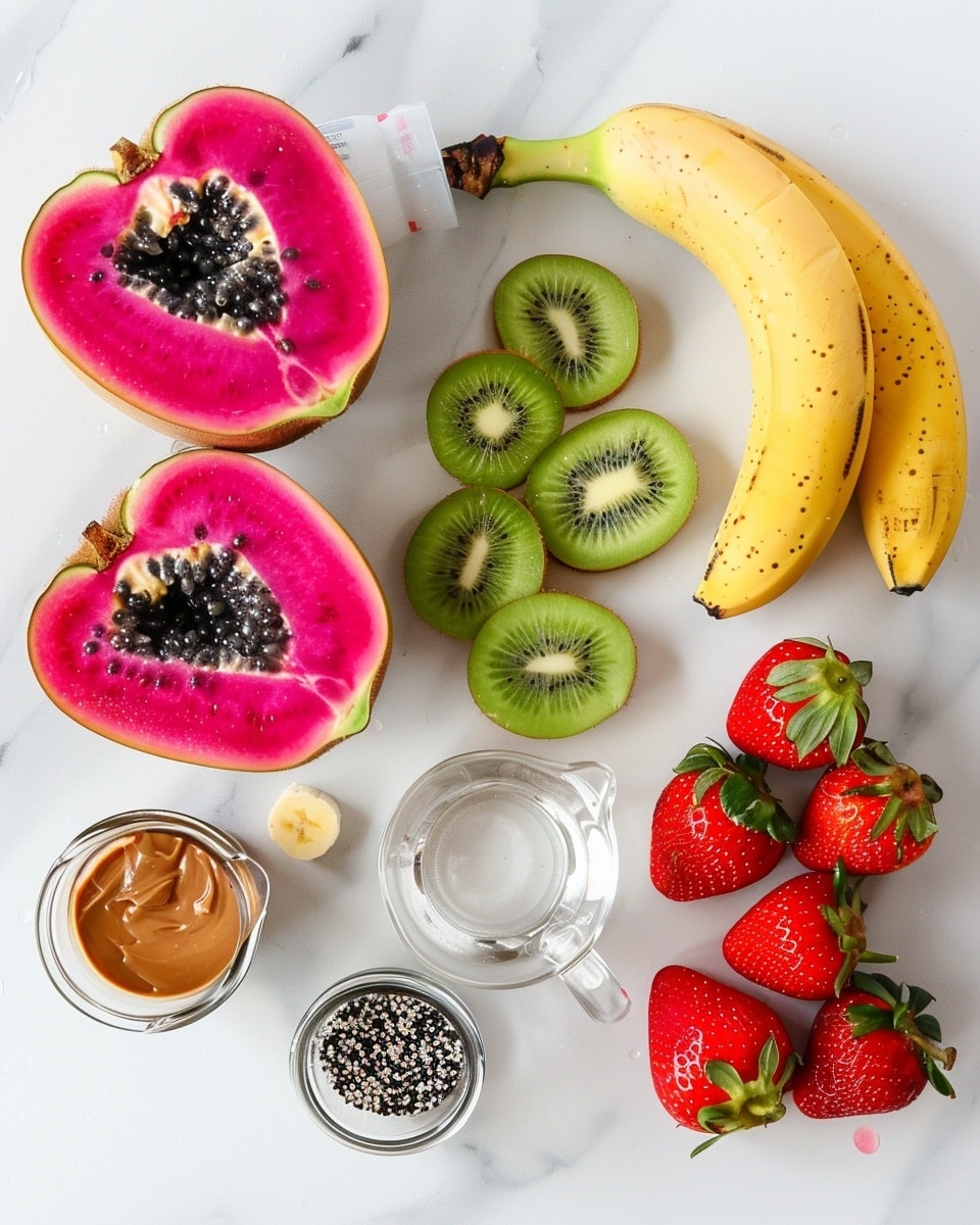 Single white bowl presenting a vibrant dragon fruit smoothie bowl topped with neatly arranged cubes of bright pink dragon fruit, a circular slice of white dragon fruit with black seeds, sprinkled chia seeds, and slivers of almonds, accented by delicate edible pink flowers, all set on a white marble surface, close-up angle highlighting the creamy texture and vivid colors of the smoothie, natural lighting emphasizing freshness, intimate plated serving photo taken with an iphone --ar 4:5 --v 7