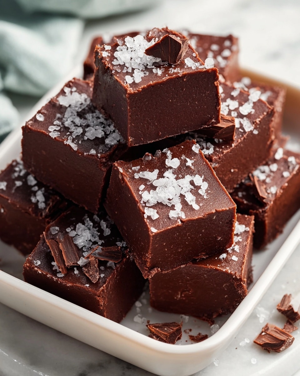 Large white rectangular dish filled with a whole batch of rich, dense chocolate fudge squares, each topped generously with flaky sea salt crystals, with a few chocolate shards scattered on top, the entire dish presented on a white marble countertop with natural light highlighting the glossy texture and deep chocolate color, photographed at a 3/4 angle for a professional food magazine hero shot, photo taken with an iphone --ar 4:5 --v 7