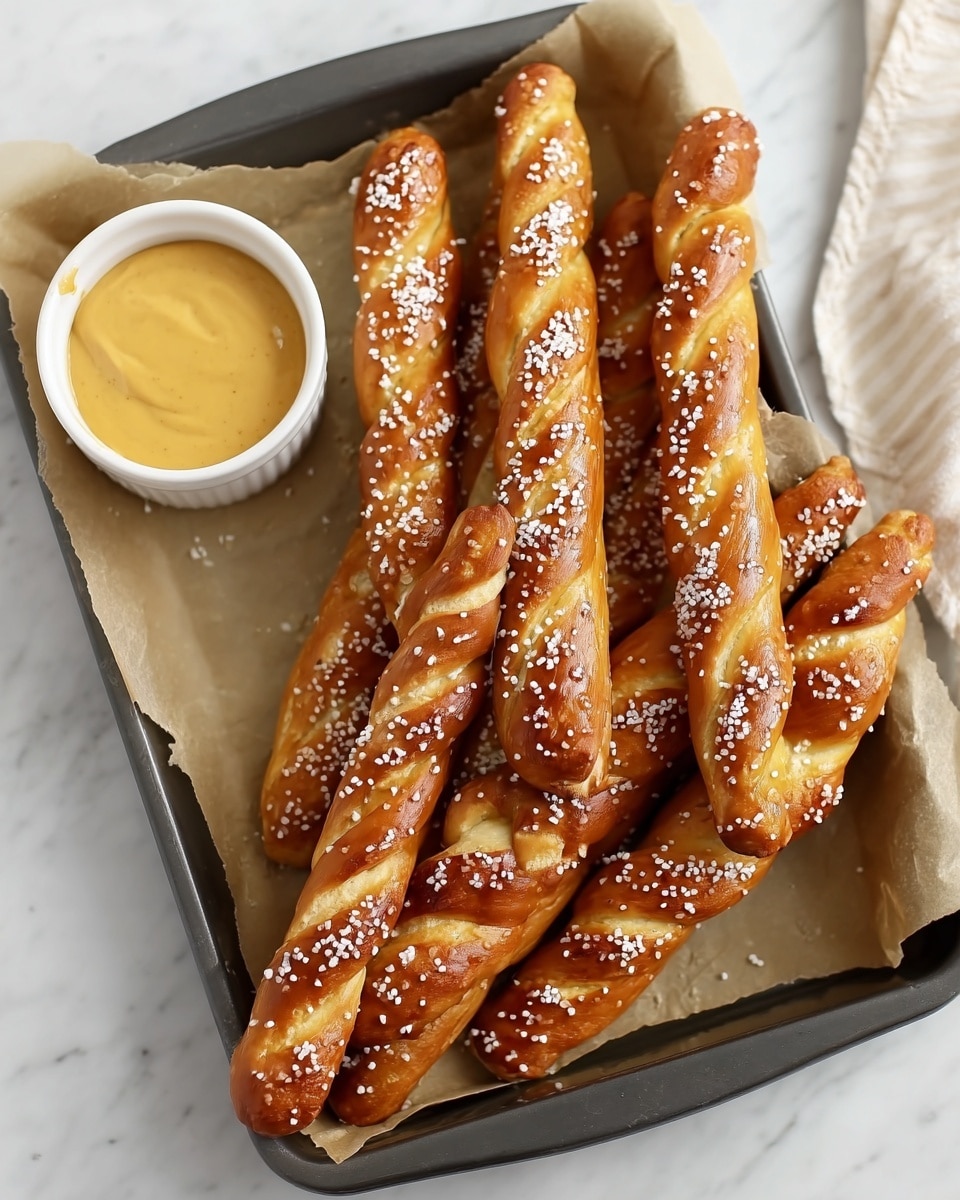 Large black baking tray lined with parchment paper holding a full batch of golden pretzel sticks sprinkled generously with coarse salt, showcasing their shiny, perfectly baked crusts with slight slits along the top, accompanied by a white ceramic ramekin filled with smooth mustard dipping sauce, all presented on a white marble surface with natural lighting, professional food styling photo taken with an iphone --ar 4:5 --v 7