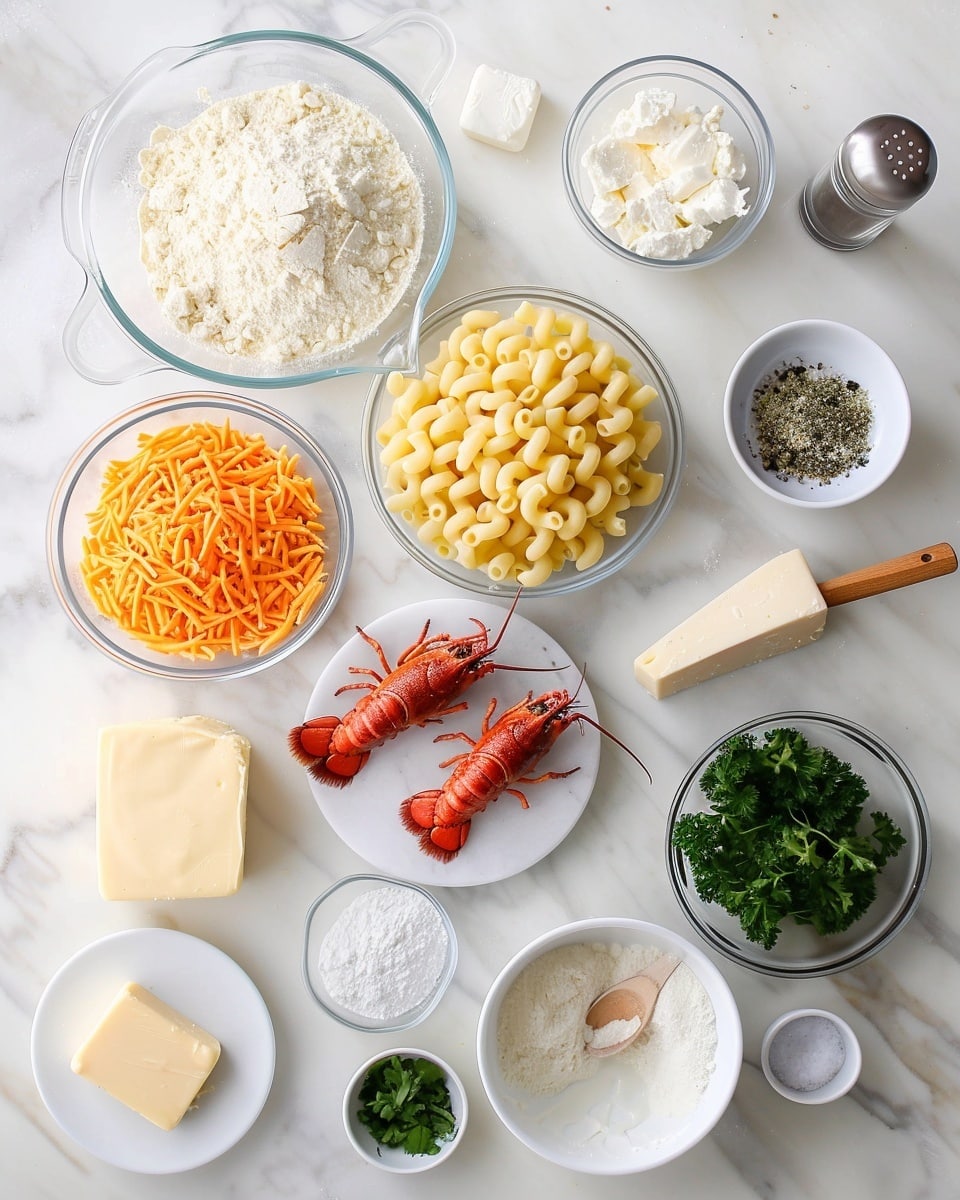 Single white bowl with a close-up view of a creamy lobster mac and cheese serving, showing tender lobster chunks nestled among tender elbow macaroni smothered in a rich, melted cheese sauce, topped with a golden, crispy breadcrumb crust and garnished with a sprig of fresh thyme, steam gently rising, placed on a white marble surface with soft natural lighting, intimate plated serving photo taken with an iphone --ar 4:5 --v 7