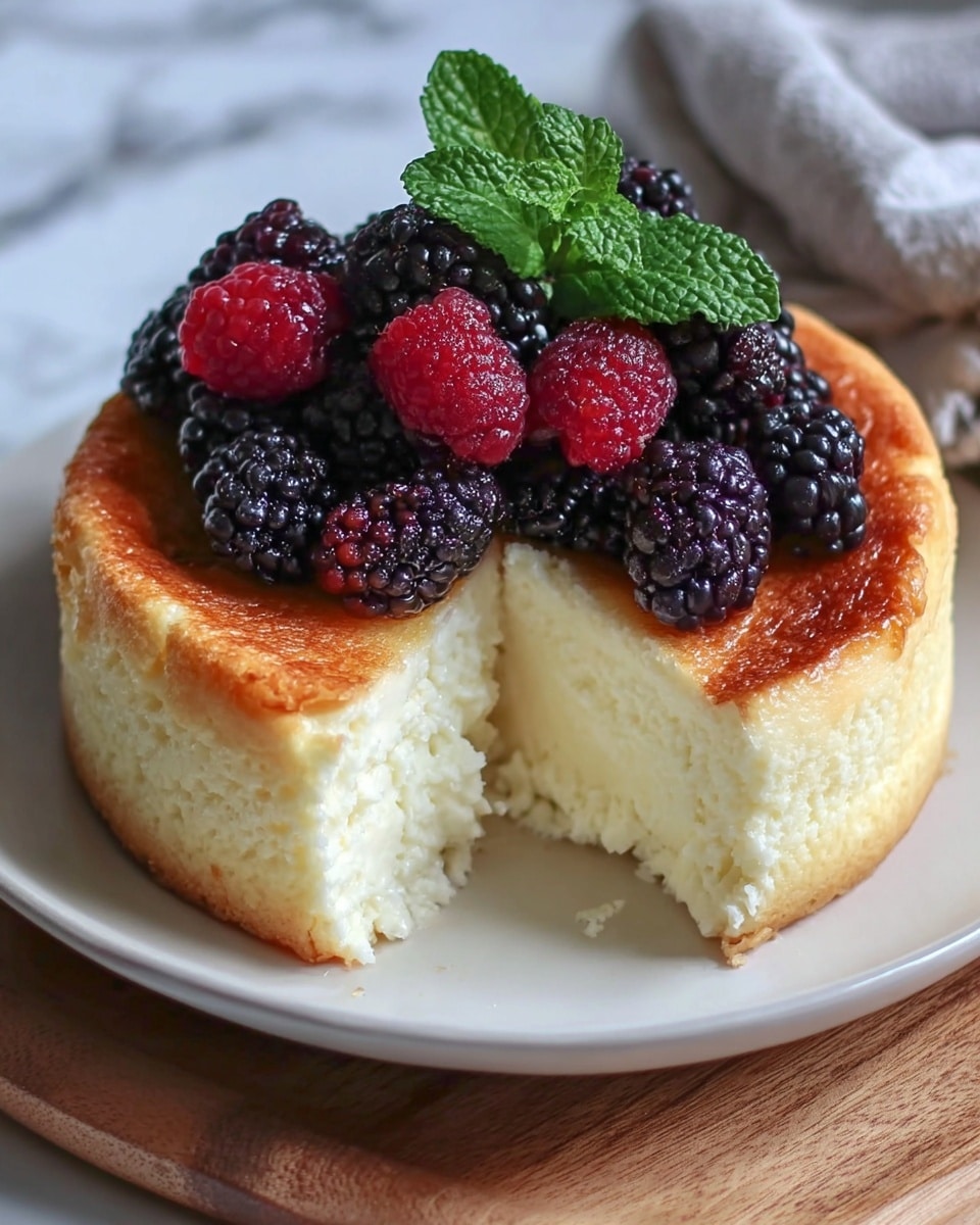 Whole round cheesecake with a golden-brown crust, topped with a generous cluster of fresh blackberries and raspberries along with a sprig of green mint leaves, presented on a white plate against a white marble background, natural lighting highlighting the creamy texture and fluffy interior, professional food styling, entire cake fully visible from a 3/4 angle photo taken with an iphone --ar 4:5 --v 7