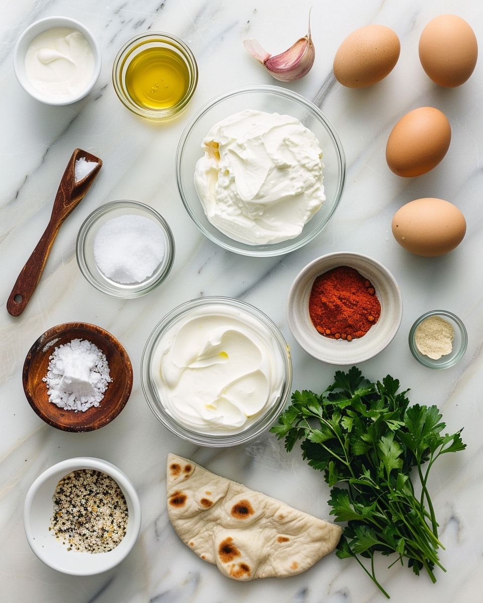 Single white plate with two poached eggs nestled in a swirl of creamy, thick yogurt sauce, topped with a vibrant drizzle of spiced red chili oil and sprinkled with fresh chopped parsley, close-up angled shot emphasizing the soft, silky texture of the eggs and the rich layers of yogurt and chili oil, garnished with fresh parsley leaves, served alongside pieces of warm, lightly charred flatbread, all set on a white marble surface in natural light, intimate plated serving photo taken with an iphone --ar 4:5 --v 7