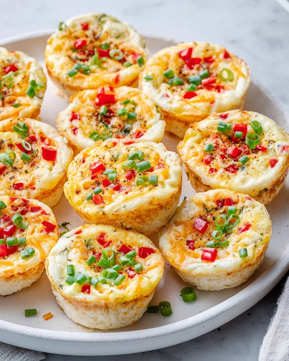 Large white serving plate filled with a full batch of savory mini egg muffins, arranged neatly in a circular pattern, each muffin topped with diced red bell peppers, finely chopped green onions, and a sprinkling of shredded cheese, showcasing the fluffy, golden-baked texture, professional 3/4 angle shot on a white marble countertop with natural lighting, like a hero image from a food magazine, photo taken with an iphone --ar 4:5 --v 7