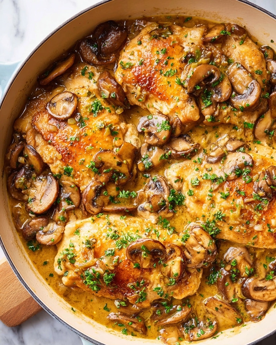 Large white enamel casserole filled with a savory chicken marsala dish, featuring several whole chicken pieces smothered in a rich, golden mushroom and wine sauce, garnished with fresh chopped parsley, whole dish photographed from a 3/4 angle on a pristine white marble countertop, professional food styling, natural lighting, like a hero shot from a food magazine, photo taken with an iphone --ar 4:5 --v 7