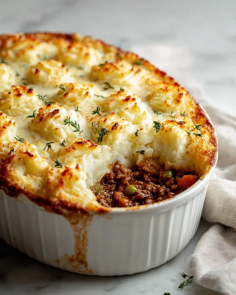 White ceramic baking dish filled with a full shepherd’s pie, topped with golden-browned, fluffy mashed potatoes that are lightly crisped at the peaks, sprinkled with fresh thyme leaves, showing the entire uncut pie with rich, savory ground meat and vegetable filling visible beneath the potato crust, presented on a white marble countertop with natural lighting, professional food styling, photo taken with an iphone --ar 4:5 --v 7